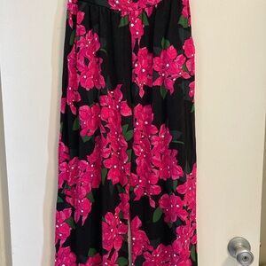Floral Black and Pink Wide-Leg Pants